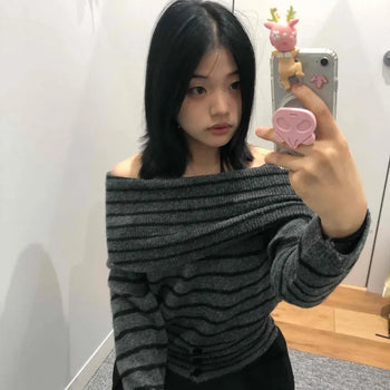 Loose-fit Striped Boat Neck Asymmetrical Off-shoulder Knit