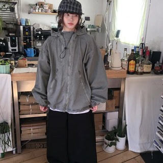 [UNISEX] Khaki Zipper Hooded Field Jacket