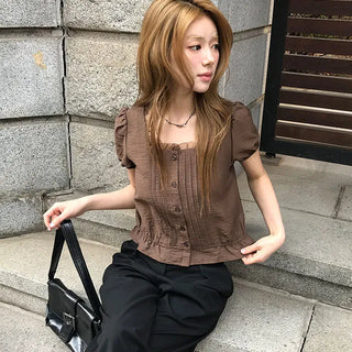 링클 프릴 핀턱 반팔 블라우스