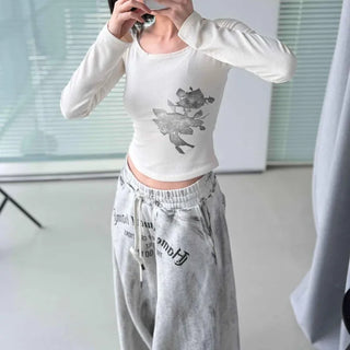 Flower Print Slim Fit Square Neck Long Sleeve T-shirt