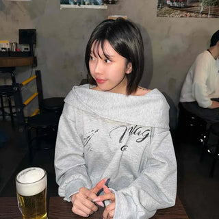 Script Graphic Wide Neck Pocket Oversized Hoodie