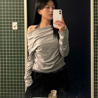 Check Strap Drape Neck Slim Long Sleeve Tee