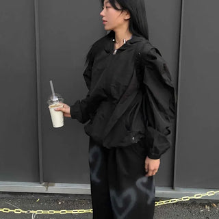 Loose-fit Zip-up Hooded Windbreaker with Snap Button Details