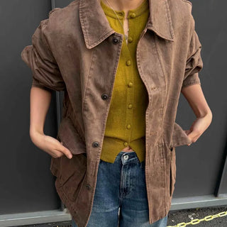 Vintage Washed Flap Pocket Short Sleeve Loose Fit Shirt Jacket