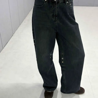 High-Waisted Wide Denim Long Pants with Side Hem Snaps