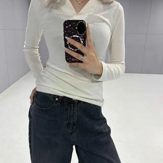 Triangle V-neck Polo Collar Slim Fit Long Sleeve T-shirt