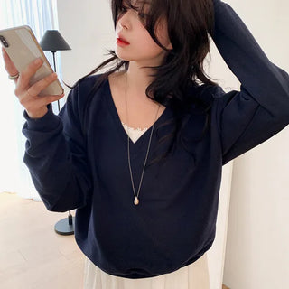 Heidi Deep V-neck Sweatshirt Layered Crop Top Long Sleeve T-shirt One-shoulder T-shirt Date Look Spring Spring Sweatshirt Transitional Season Autumn