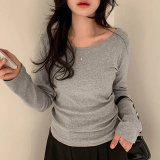 Margaret U-Neck Boat Neck Long Sleeve T-Shirt, Slim Fit, Basic Long T-Shirt, Round Neck Tee, Transitional Autumn