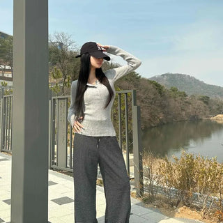 Wide Striped Waist Tie Back Pocket Center Seam Training Long Pants
