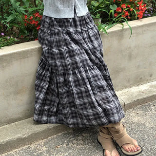 Haka vintage check tiered long skirt