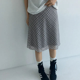 Cheromy check chiffon midi skirt