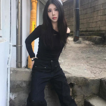 Center Line Wide Semi-Bootcut Denim Long Pants