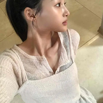 Hooded Square Neck Layered Knit Bustier Cardigan Two-Piece Set