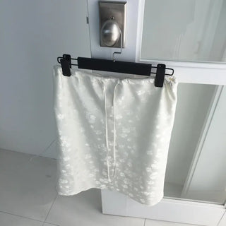 Flower satin midi skirt, elastic banded jacquard A-line silk skirt