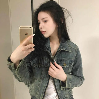 Loose-fit Short Denim Jacket with Zipper Flap Pockets