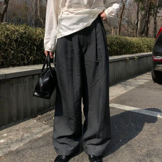 Flat Women's Double-Pleat Wide Spring/Summer Loose Fit Buckle Slacks