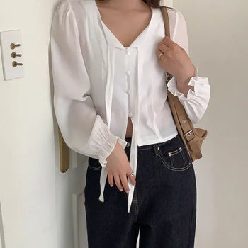 Spree Ribbon Blouse Knot Blouse/Ribbon Blouse/Tie Blouse/ Resort/Vacation/Holiday Look