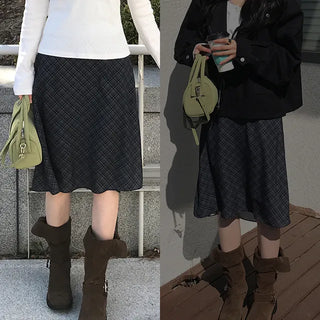 올라잇 체크 미디 스커트