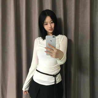 Slim Fit Draping Cowl Neck Side Shirred Long Sleeve Tee