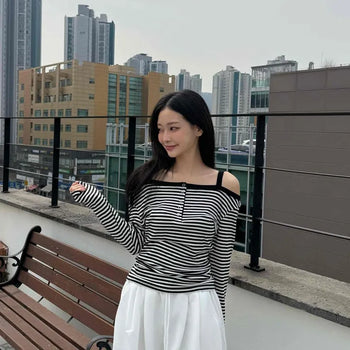 Ribbon Shoulder Strap Half-Off-Shoulder Striped Placket Neck Long Sleeve T-shirt
