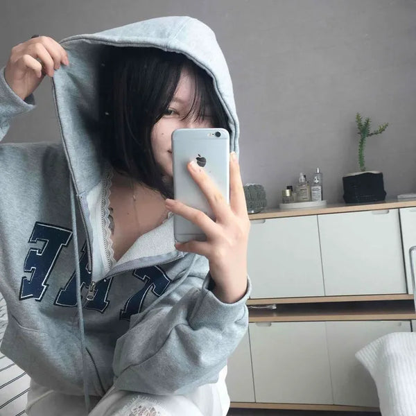 Front and Back Lettering Short Zip-Up Hoodie