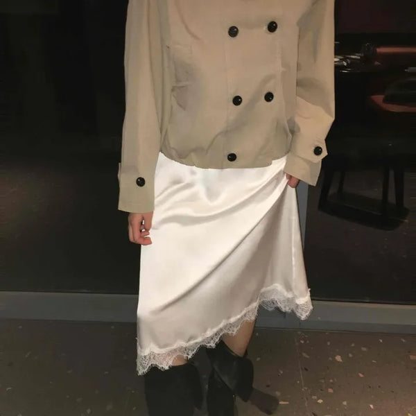 Asymmetrical Wrap Lace Hem A-Line Midi Skirt