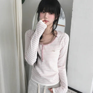 Fluody Stripe Button Knit T-shirt