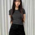 Fitted Round Neck Semi-Crop Horizontal Stripe Short Sleeve T-shirt
