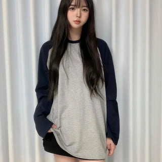 Colored Raglan Long Round Neck Long Sleeve Tee