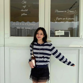 Round Neck Striped Frill Knit Cardigan
