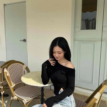 Slim Fit Wide Boat Neck Side Snap Rib Long Sleeve T-Shirt