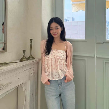 Ribbon Tie Smocking Babydoll Camisole Blouse Cardigan Set