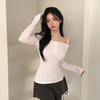 Figure-Beautiful Eyelet Button Off-Shoulder Strap Slim Delicate Fit Long Sleeve T-shirt