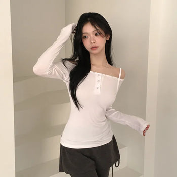 Figure-Beautiful Eyelet Button Off-Shoulder Strap Slim Delicate Fit Long Sleeve T-shirt