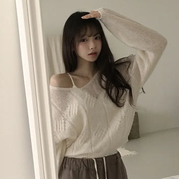 A Spoonful of Loveliness, Mix Cable Knit V-Neck Avant-garde Delicate Loose Fit Long Sleeve Knit