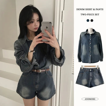 Full of cuteness, Vintage washed loose-fit denim long-sleeve shirt + High-waisted denim capri shorts two-piece outfit set