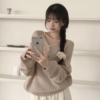 Delicate~ Innocent V-Neck Button Avant-Ang Loose Fit Long Sleeve Knit