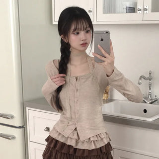 Guaranteed Beauty, Lace Choker Tie + Dot Lace Frill Tiered Sleeveless + U-Neck Slim Delicate Fit Long Sleeve Cardigan Layered Set
