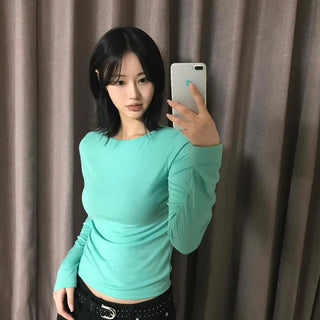 Side Shirring Round Neck Slim Fit Long Sleeve T-shirt