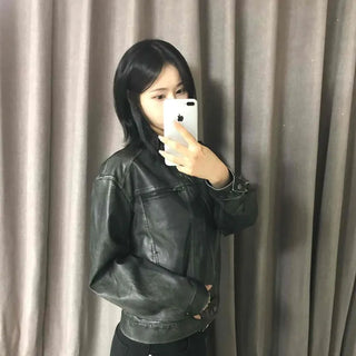 Ash Washed Round Neck Short Leather Rider Jacket with Stitch Details