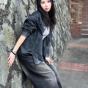 Lettering Loose Fit Wide Denim Long Pants