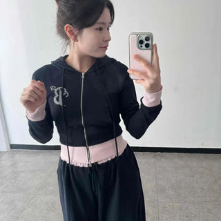 Ribbon Tie Initial Cubic Short Length Zip-Up Hooded Tracksuit with Contrast Waist Shirring Wide