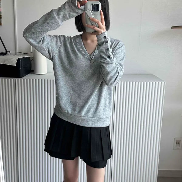 Side Button V-Neck Loose Fit Long Sleeve Knit