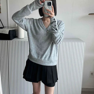 Side Button V-Neck Loose Fit Long Sleeve Knit