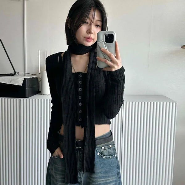 Rib Square Neck Short Knit Cardigan Two-Piece Set