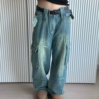Workwear cargo wide denim long pants