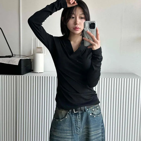 V-Neck Collared Slim Fit Long Sleeve T-Shirt