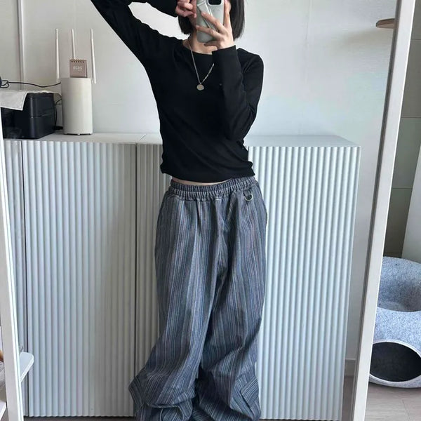 Multi-Stripe Loose Fit Cargo Pocket Long Pants