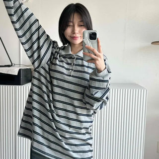 Striped Collared Oversized Polo Long Sleeve T-shirt