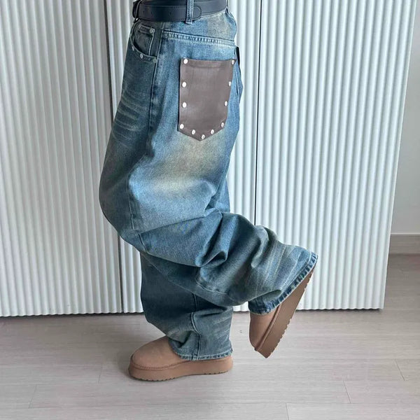 Studded brown leather pocket loose-fit denim pants